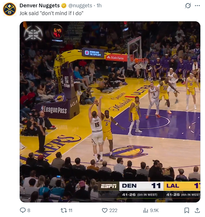 约基奇三双难救主 湖人东契奇准绝杀掘金